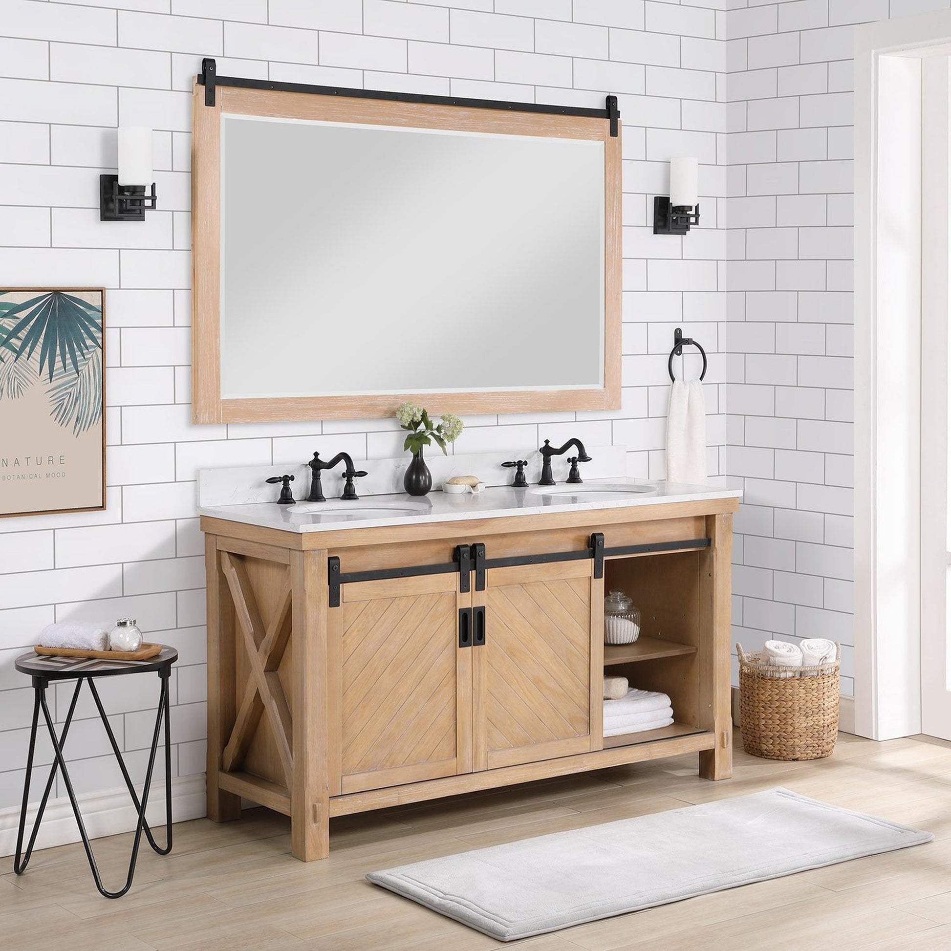 Vinnova Cortes 60" Double Sink Bath Vanity In Weathered Pine Finish With White Composite Countertop And Mirror