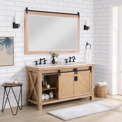 Vinnova Cortes 60" Double Sink Bath Vanity In Weathered Pine Finish With White Composite Countertop And Mirror