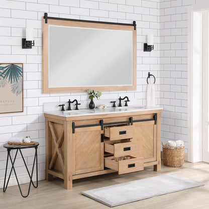 Vinnova Cortes 60" Double Sink Bath Vanity In Weathered Pine Finish With White Composite Countertop And Mirror