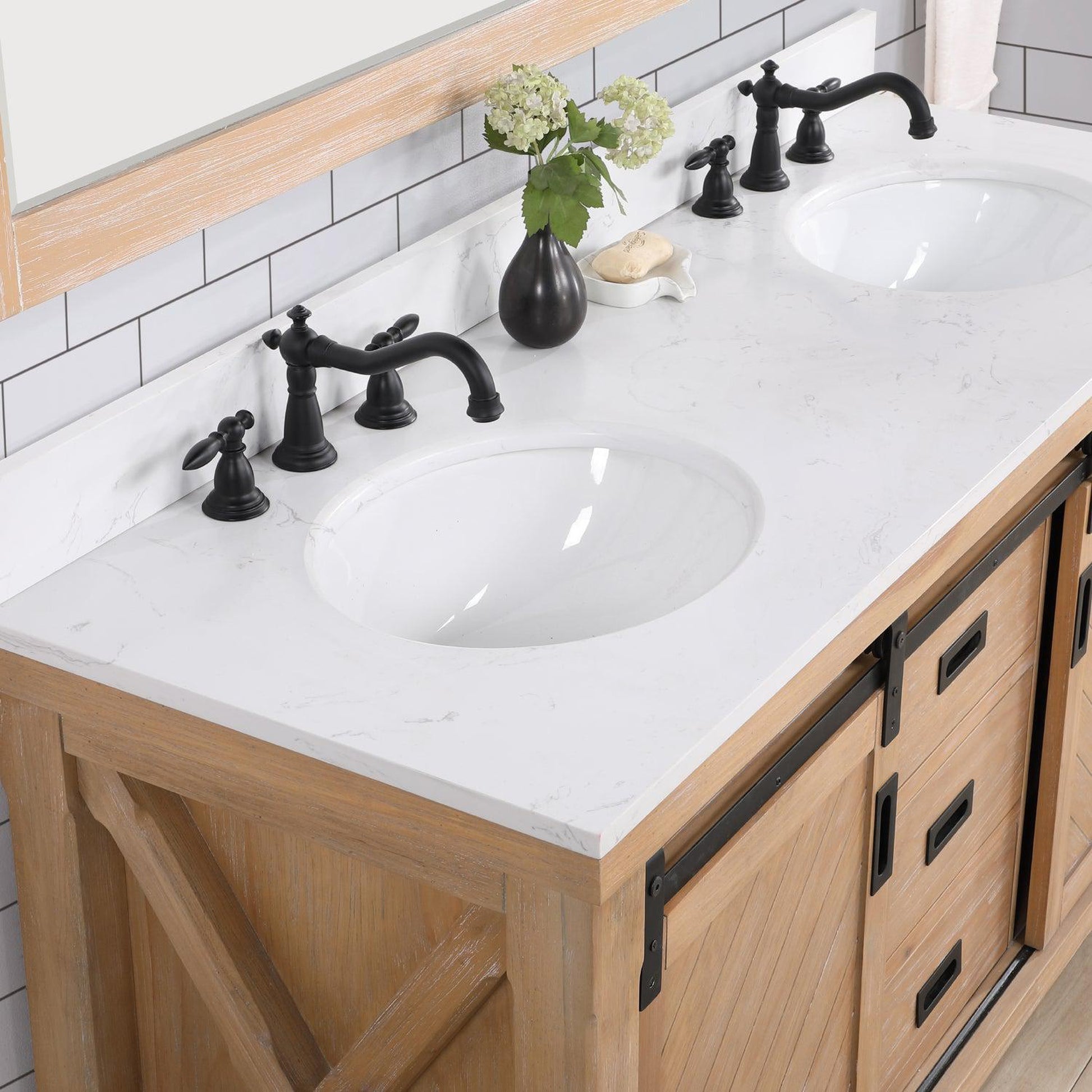 Vinnova Cortes 60" Double Sink Bath Vanity In Weathered Pine Finish With White Composite Countertop And Mirror