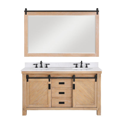 Vinnova Cortes 60" Double Sink Bath Vanity In Weathered Pine Finish With White Composite Countertop And Mirror