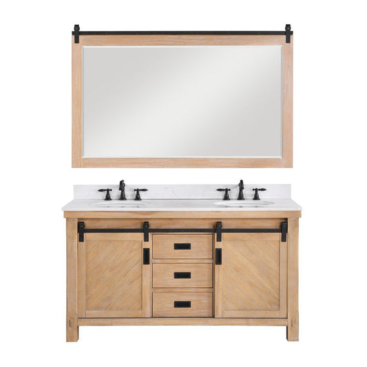 Vinnova Cortes 60" Double Sink Bath Vanity In Weathered Pine Finish With White Composite Countertop And Mirror