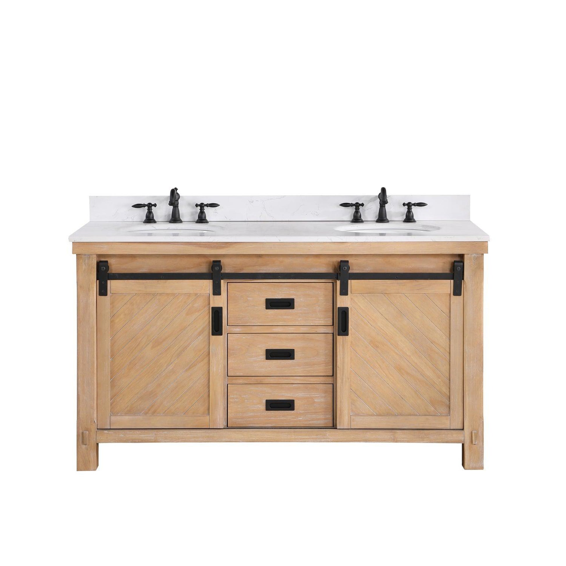 Vinnova Cortes 60" Double Sink Bath Vanity In Weathered Pine Finish With White Composite Countertop