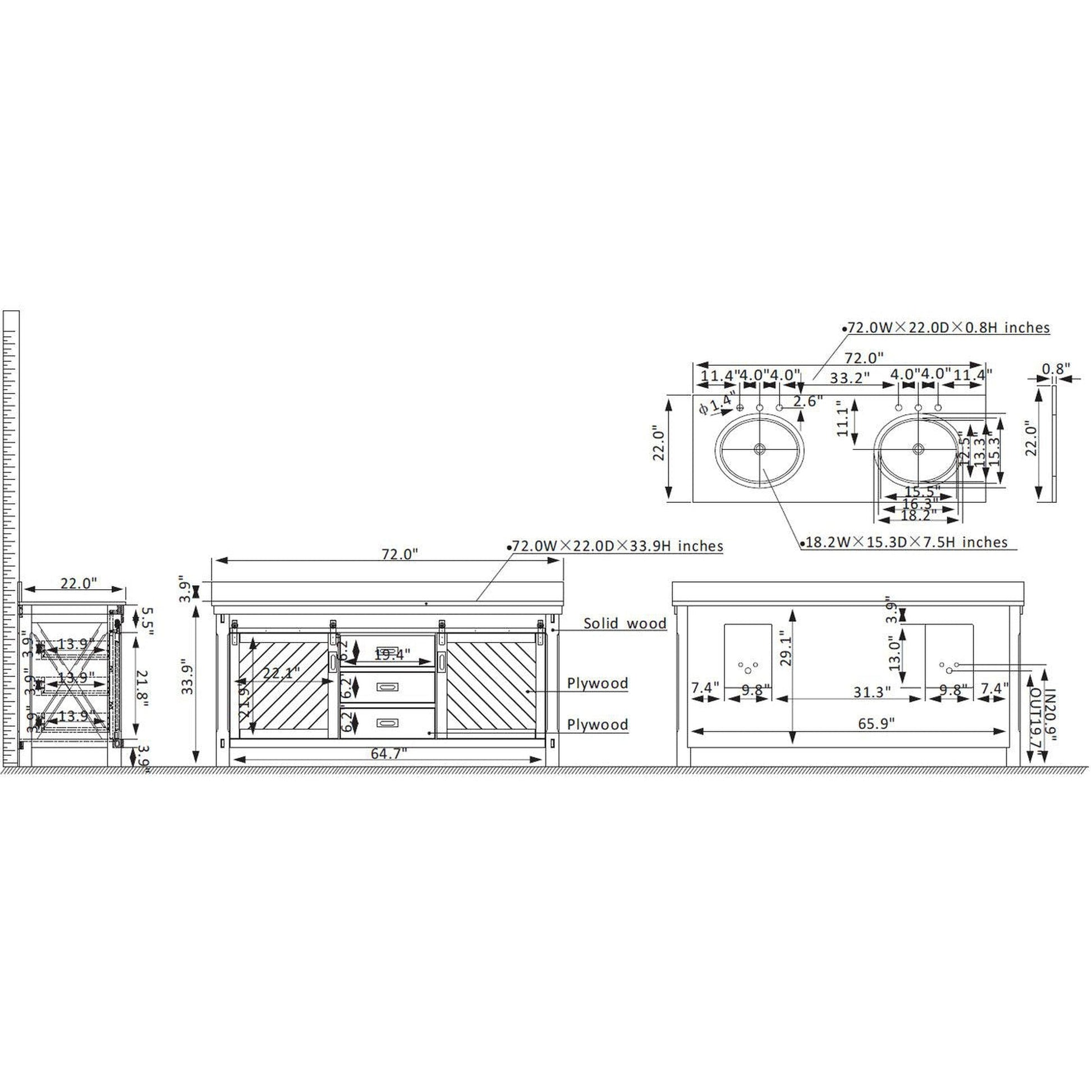 Vinnova Cortes 72" Double Sink Bath Vanity In Classical Grey Finish With White Composite Countertop