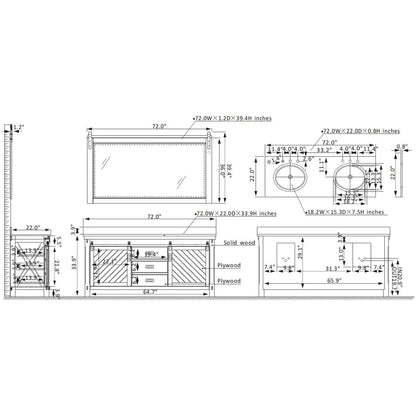 Vinnova Cortes 72" Double Sink Bath Vanity In Classical Grey Finish With White Composite Countertop And Mirror