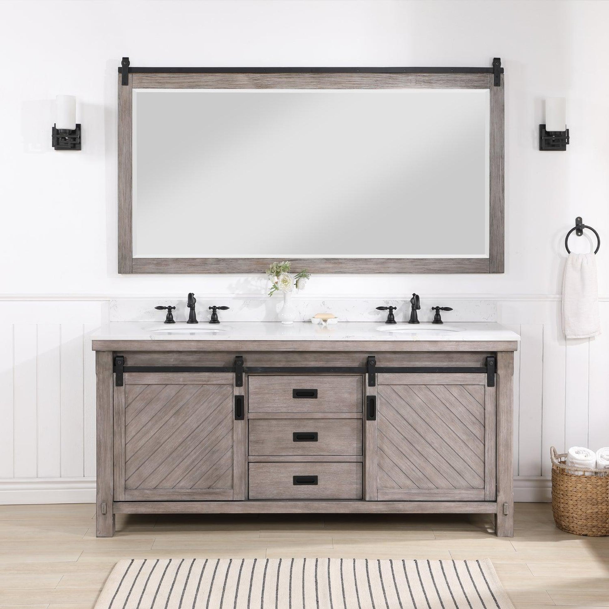 Vinnova Cortes 72" Double Sink Bath Vanity In Classical Grey Finish With White Composite Countertop And Mirror