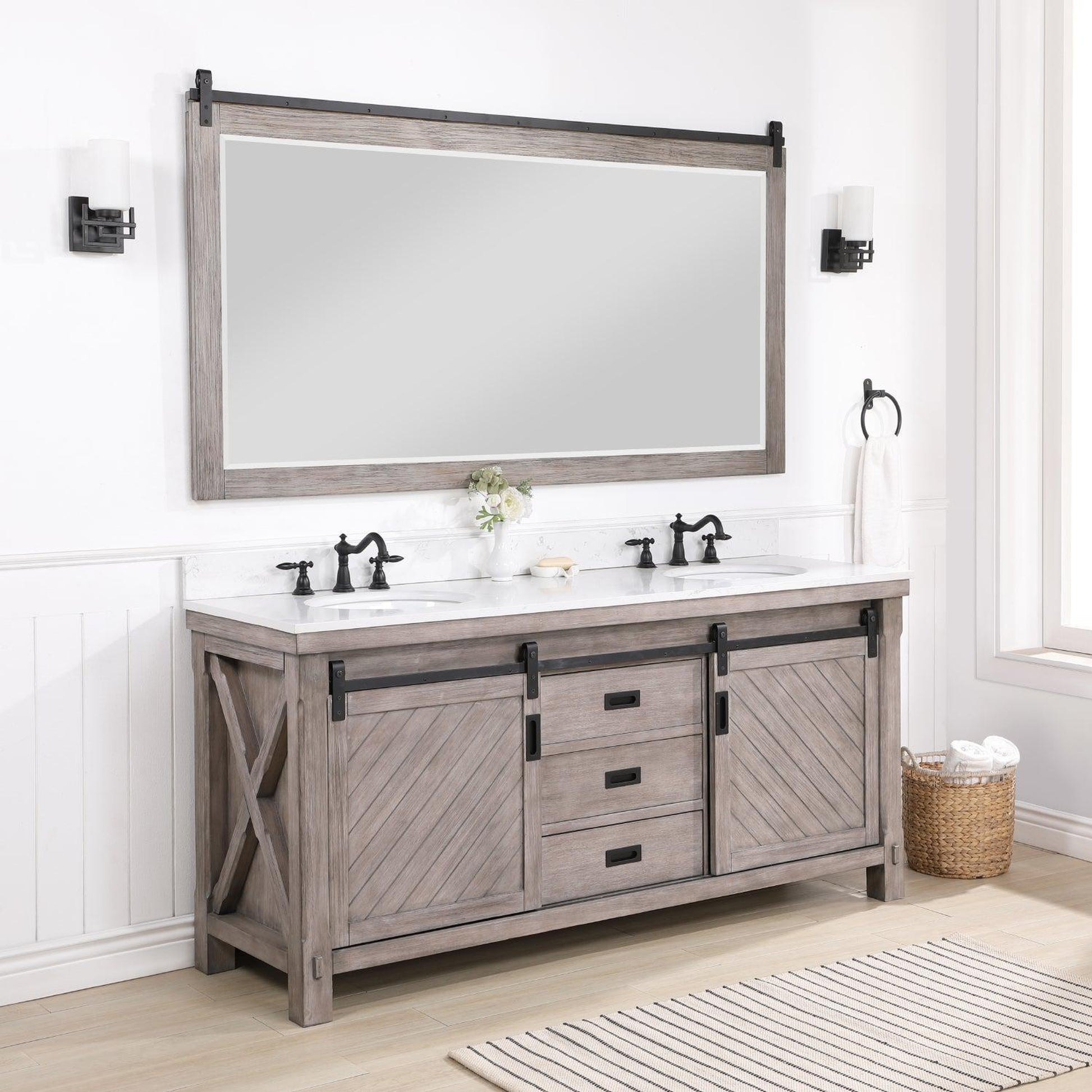 Vinnova Cortes 72" Double Sink Bath Vanity In Classical Grey Finish With White Composite Countertop And Mirror