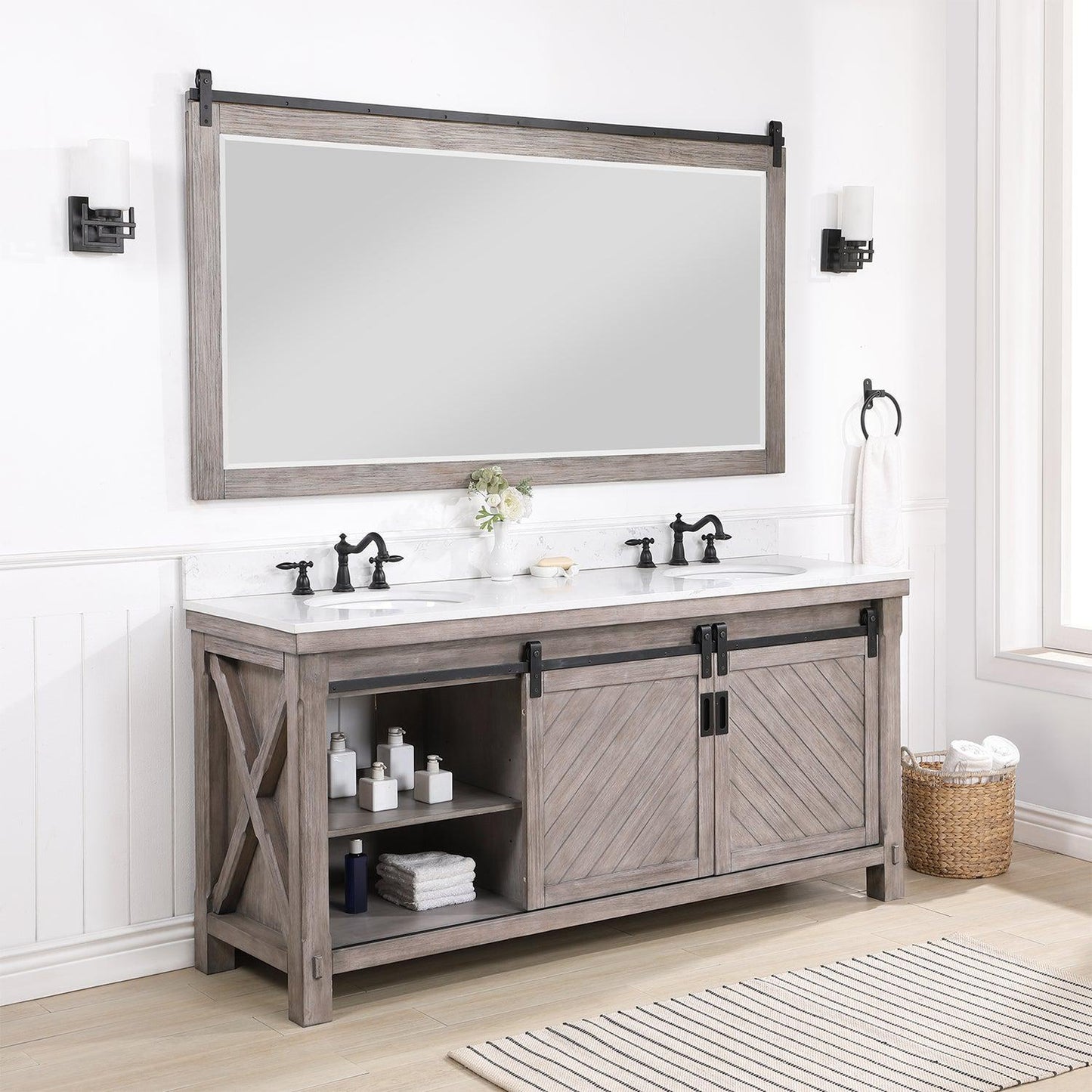 Vinnova Cortes 72" Double Sink Bath Vanity In Classical Grey Finish With White Composite Countertop And Mirror