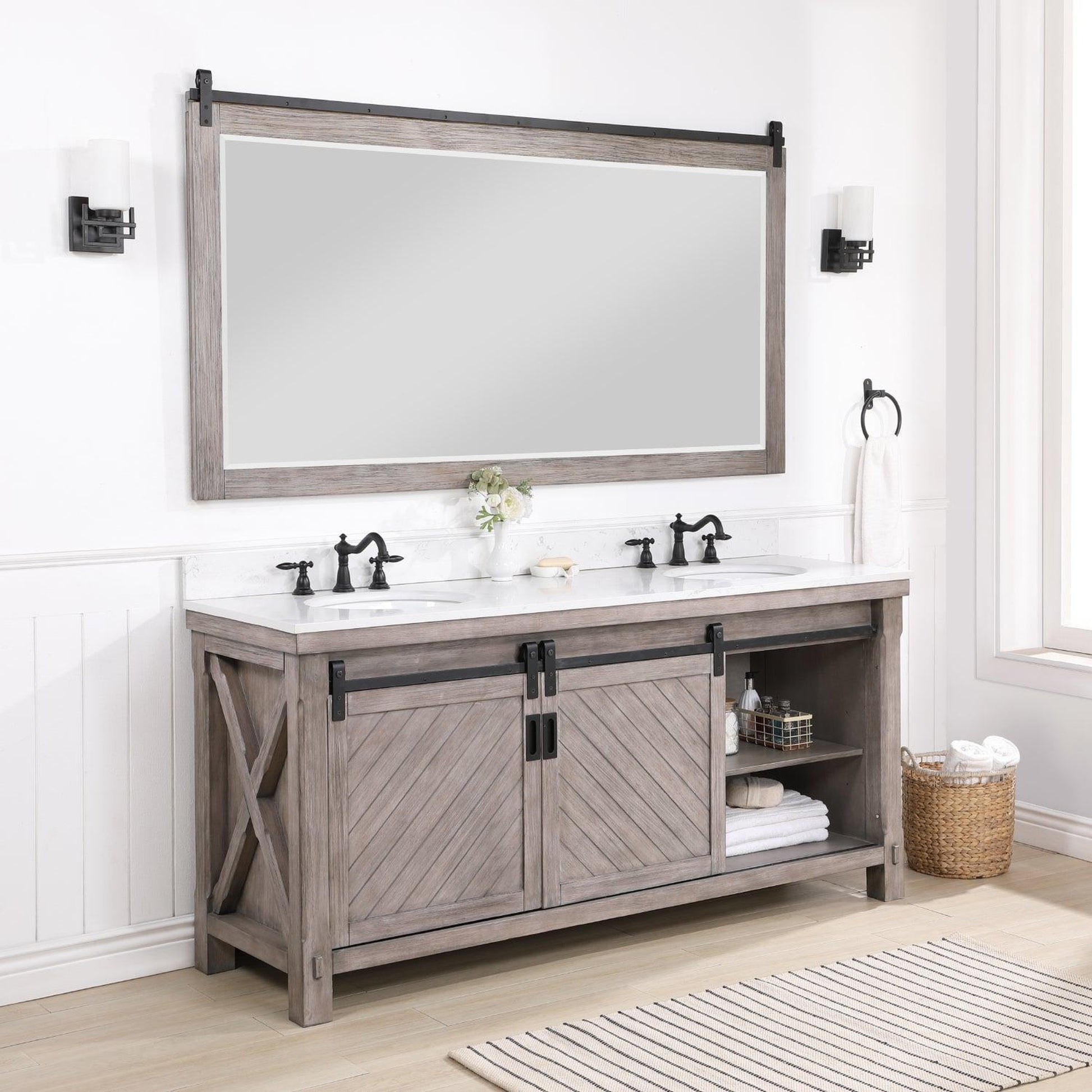 Vinnova Cortes 72" Double Sink Bath Vanity In Classical Grey Finish With White Composite Countertop And Mirror