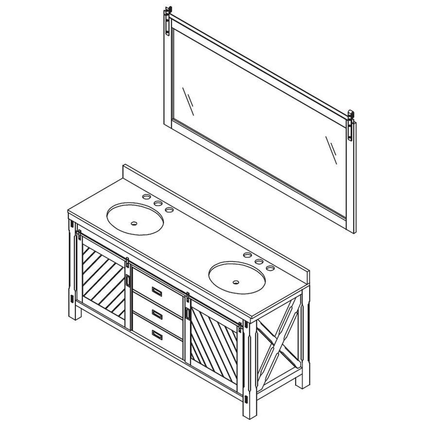 Vinnova Cortes 72" Double Sink Bath Vanity In Weathered Pine Finish With White Composite Countertop