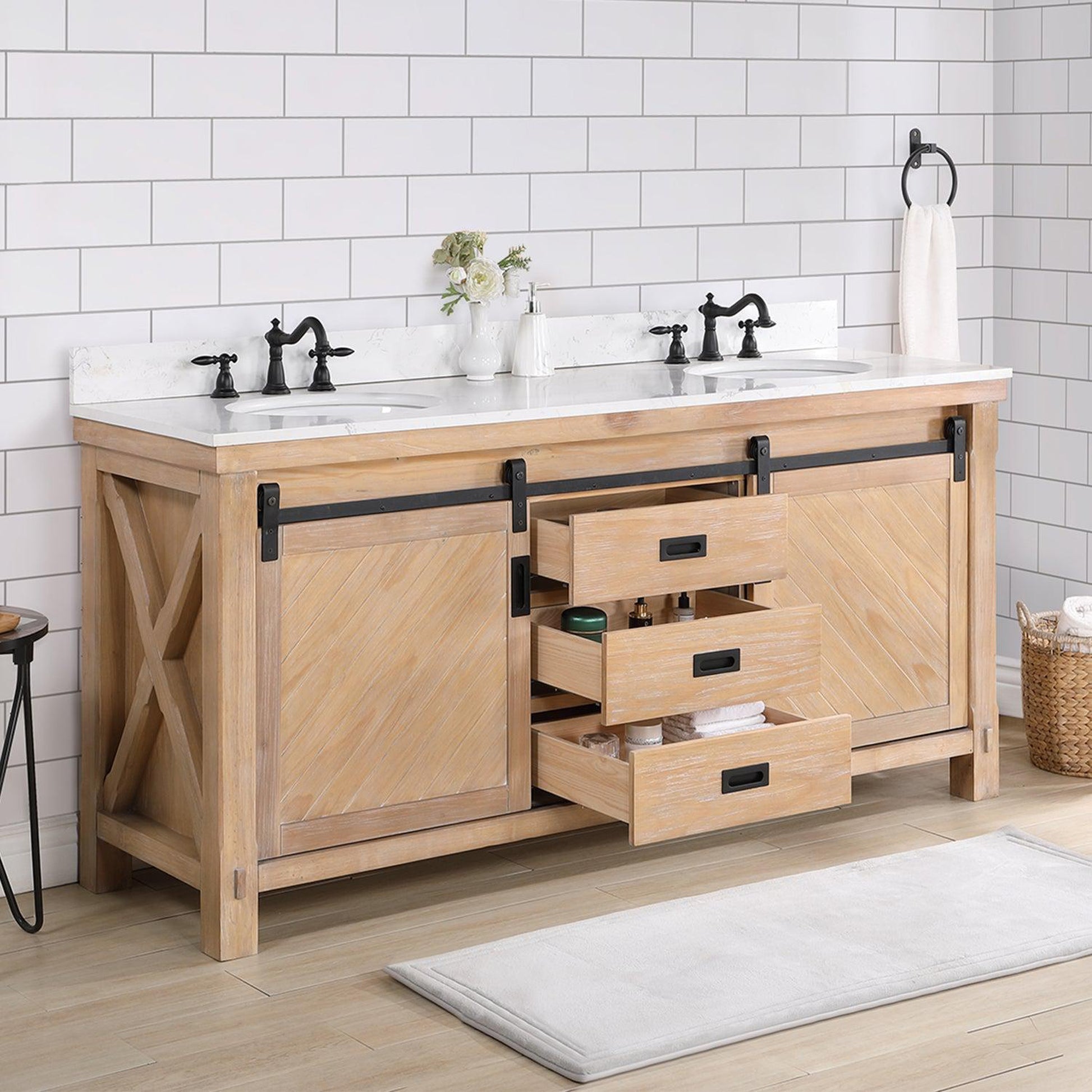 Vinnova Cortes 72" Double Sink Bath Vanity In Weathered Pine Finish With White Composite Countertop