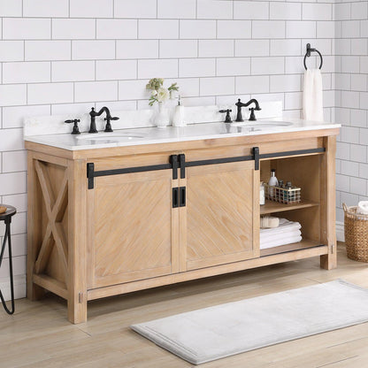 Vinnova Cortes 72" Double Sink Bath Vanity In Weathered Pine Finish With White Composite Countertop