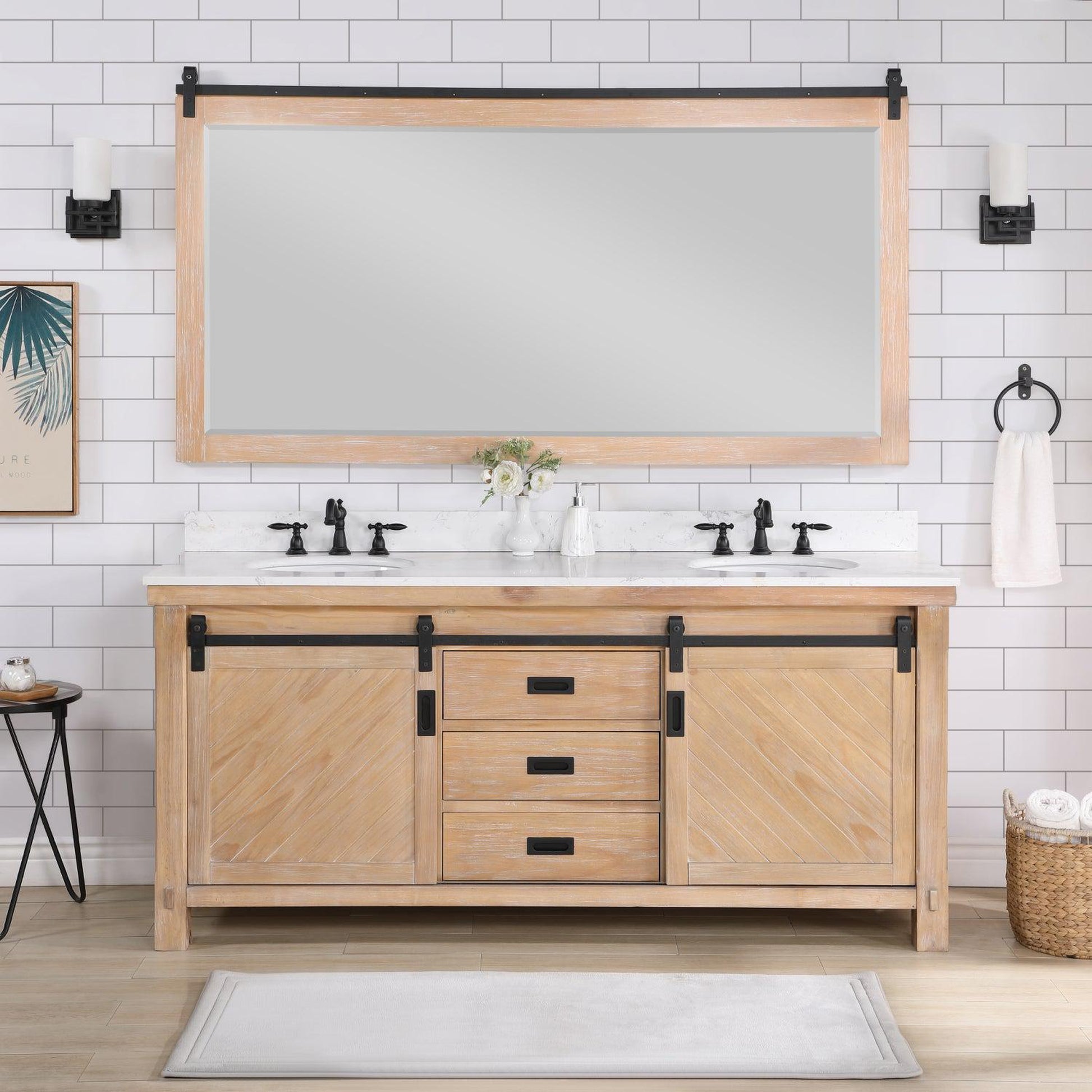 Vinnova Cortes 72" Double Sink Bath Vanity In Weathered Pine Finish With White Composite Countertop And Mirror