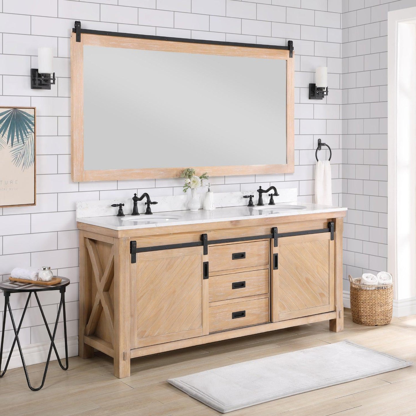 Vinnova Cortes 72" Double Sink Bath Vanity In Weathered Pine Finish With White Composite Countertop And Mirror