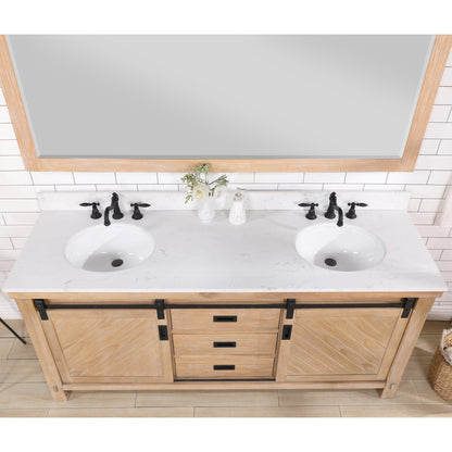 Vinnova Cortes 72" Double Sink Bath Vanity In Weathered Pine Finish With White Composite Countertop And Mirror