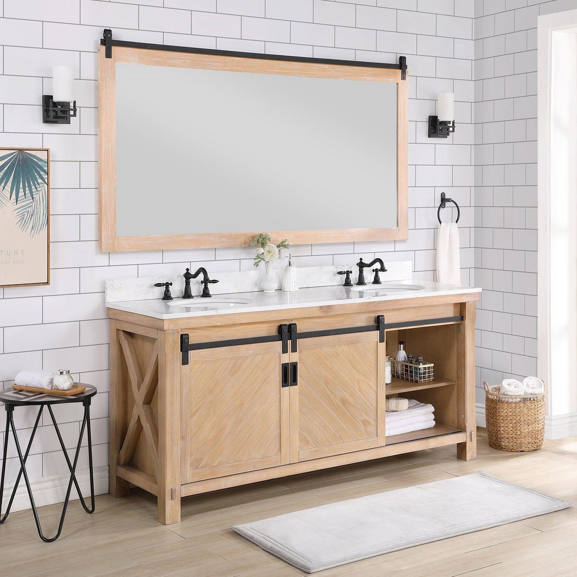 Vinnova Cortes 72" Double Sink Bath Vanity In Weathered Pine Finish With White Composite Countertop And Mirror