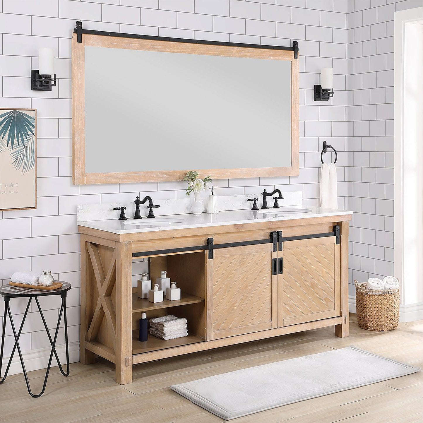 Vinnova Cortes 72" Double Sink Bath Vanity In Weathered Pine Finish With White Composite Countertop And Mirror