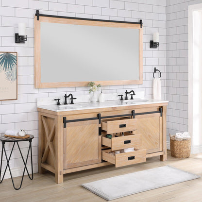 Vinnova Cortes 72" Double Sink Bath Vanity In Weathered Pine Finish With White Composite Countertop And Mirror