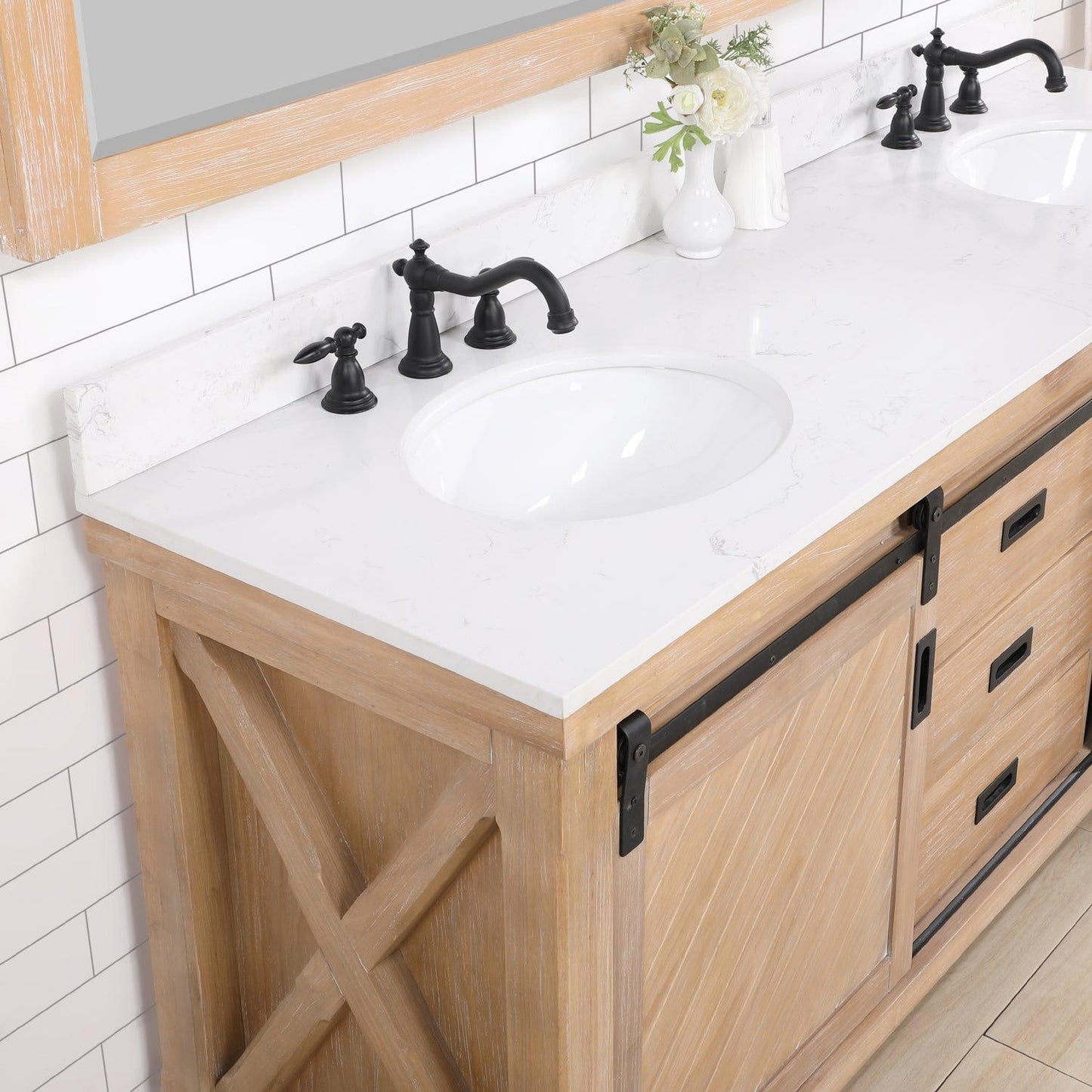 Vinnova Cortes 72" Double Sink Bath Vanity In Weathered Pine Finish With White Composite Countertop And Mirror