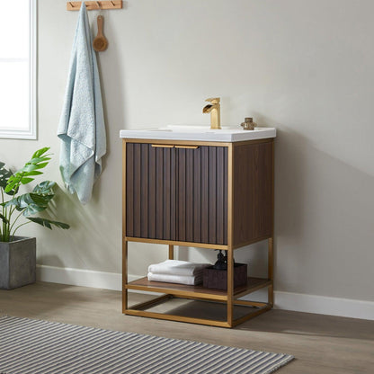 Vinnova Donostia 24" Single Vanity In North American Light Walnut Finish With Ceramic Undermount Sink Without Mirror