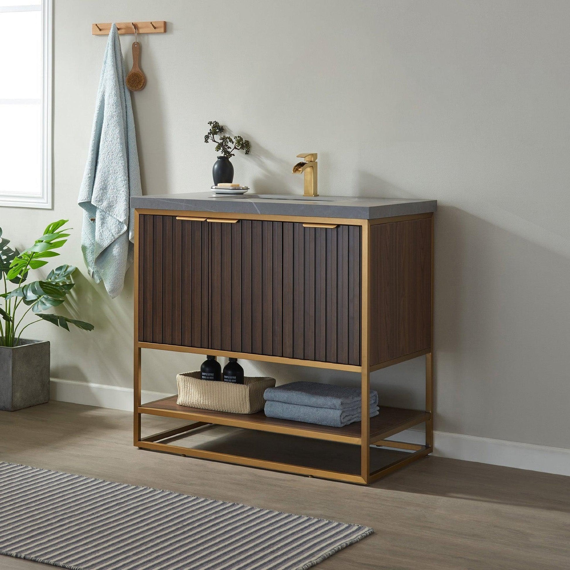 Vinnova Donostia 36" Single Vanity In North American Light Walnut Finish With Grey Composite Armani Limestone Board Stone Countertop Without Mirror