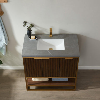 Vinnova Donostia 36" Single Vanity In North American Light Walnut Finish With Grey Composite Armani Limestone Board Stone Countertop Without Mirror