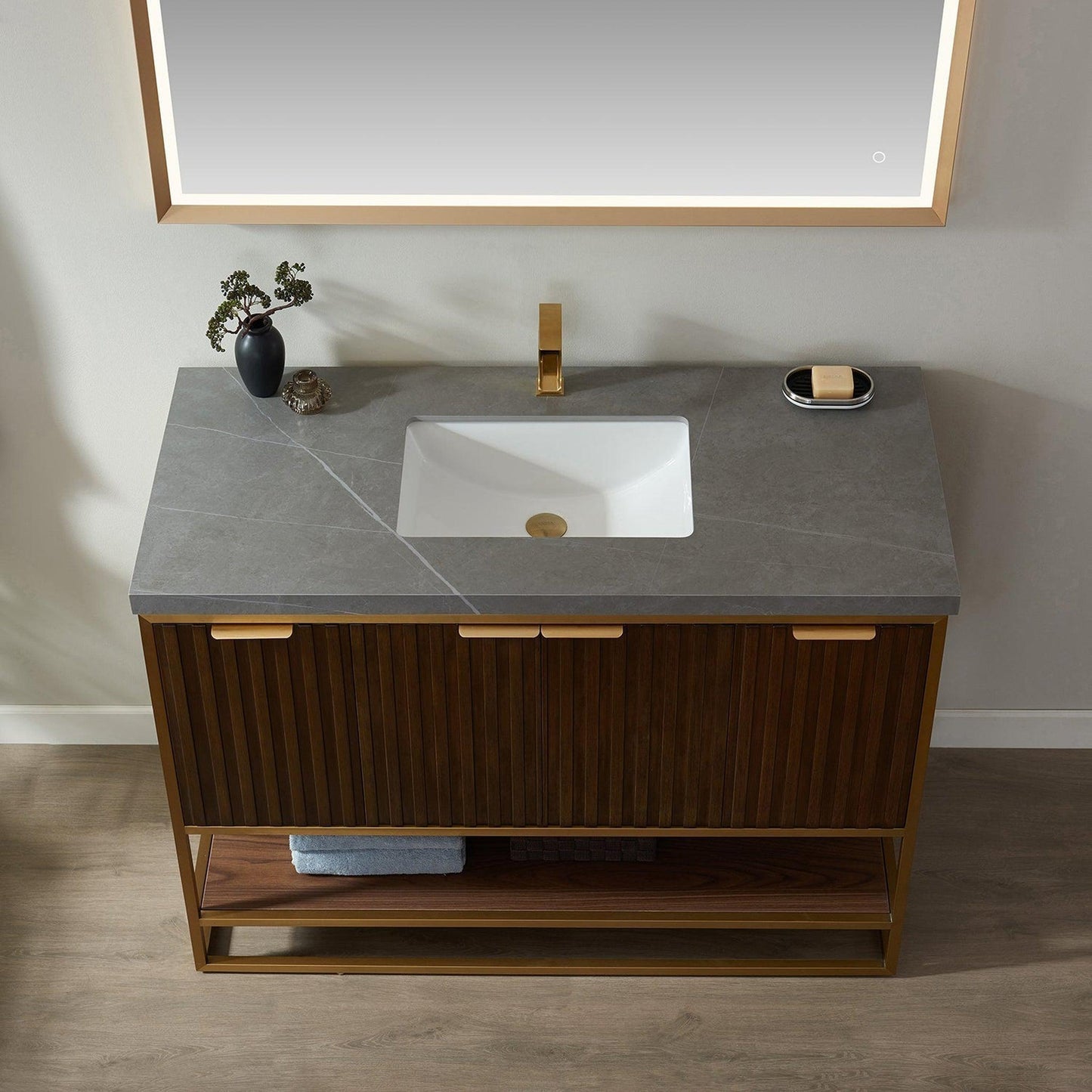 Vinnova Donostia 48" Single Vanity In North American Light Walnut Finish With Grey Composite Armani Limestone Board Stone Countertop With Mirror