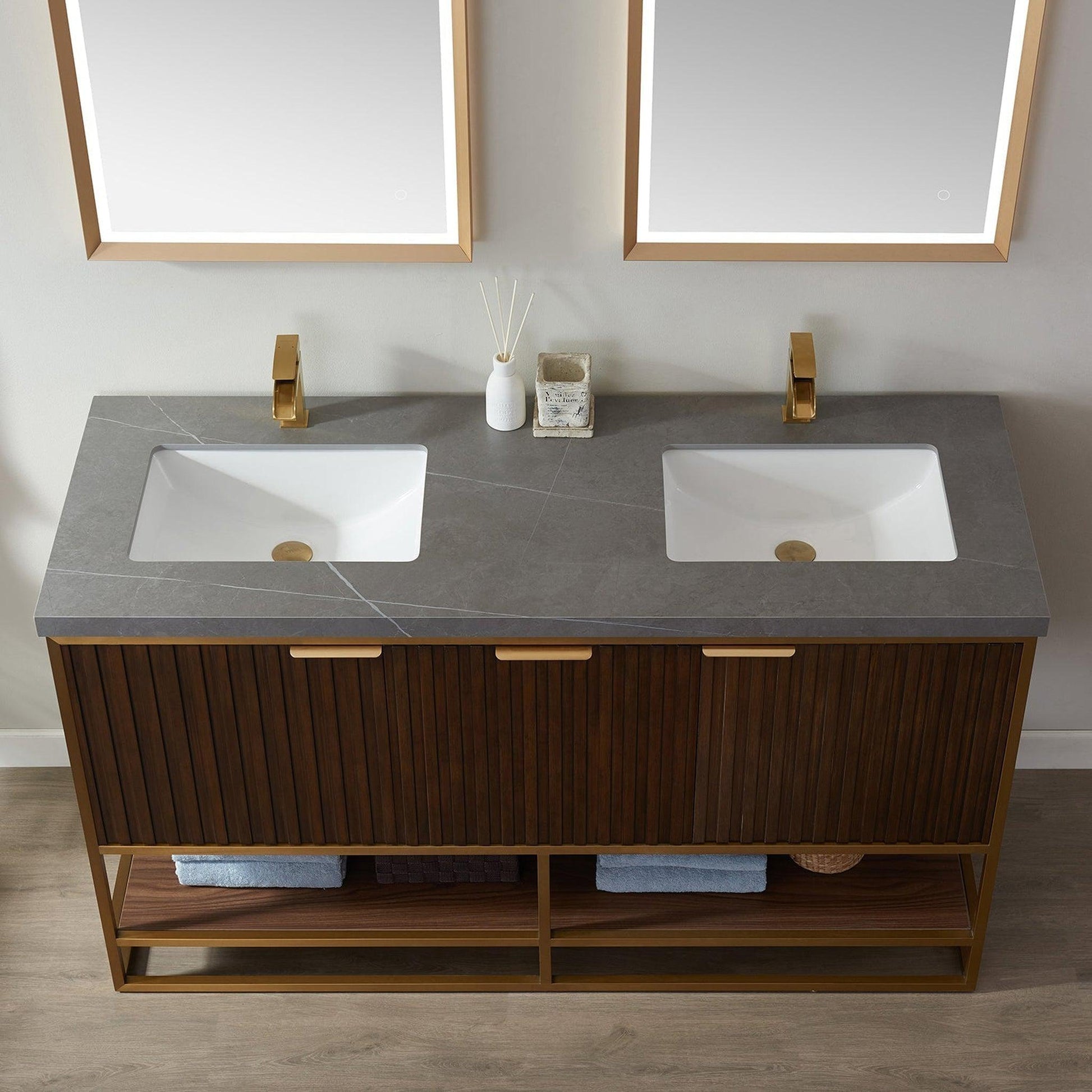 Vinnova Donostia 60" Double Vanity In North American Light Walnut Finish With Grey Composite Armani Limestone Board Stone Countertop With Mirror