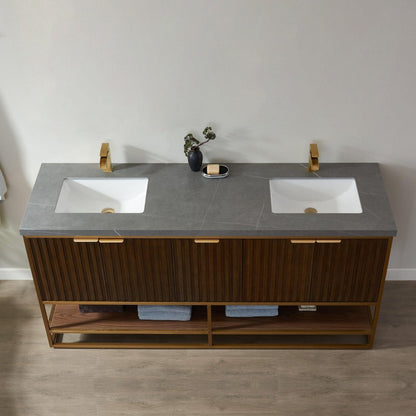 Vinnova Donostia 72" Double Vanity In North American Light Walnut Finish With Grey Composite Armani Limestone Board Stone Countertop Without Mirror