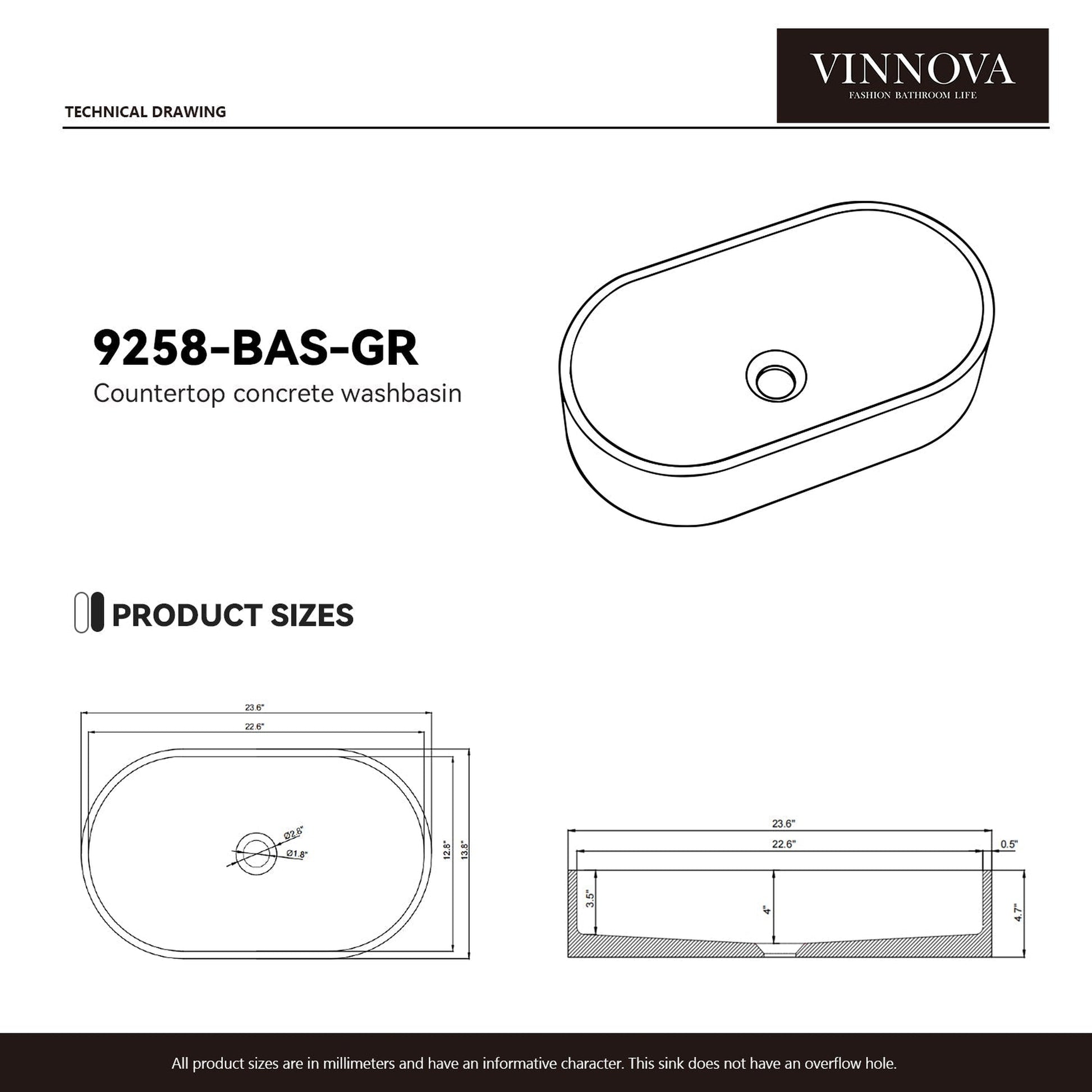 Vinnova Eibar 24" Grey Concrete Oval Vessel Bathroom Sink