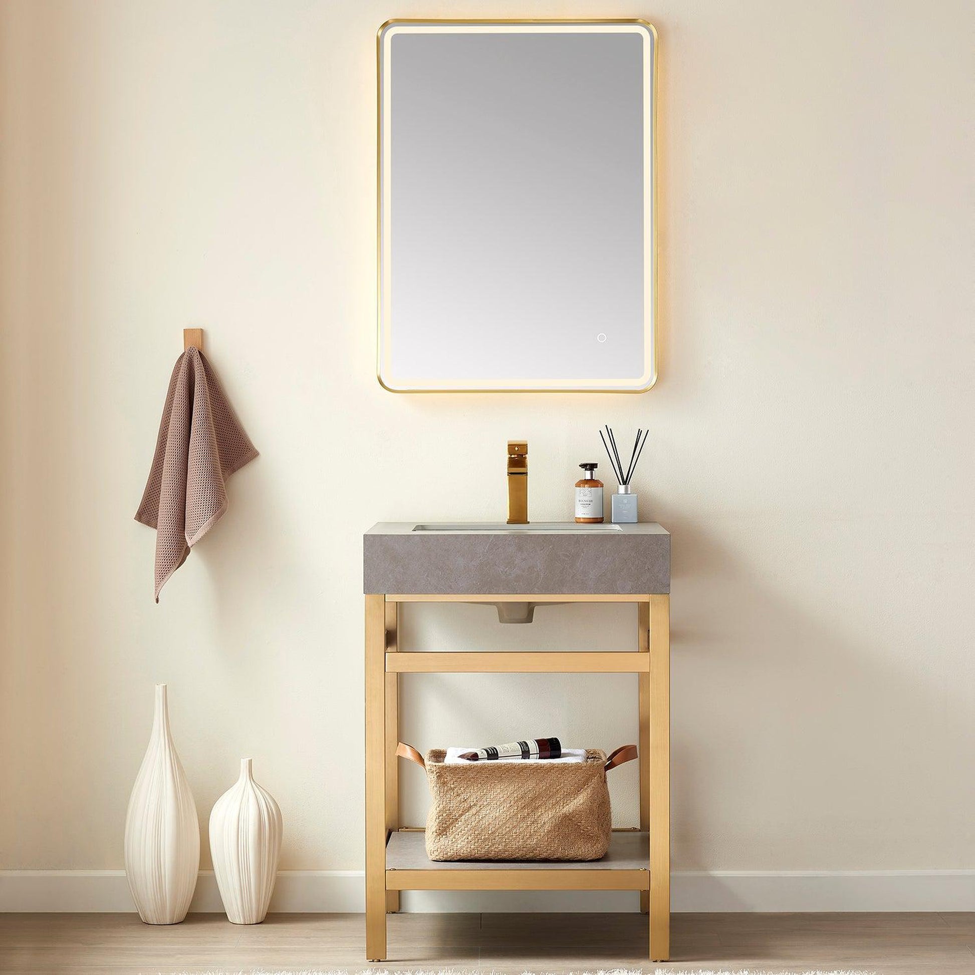 Vinnova Funes 24" Single Sink Bath Vanity In Brushed Gold Metal Support With Grey Sintered Stone Top And Mirror