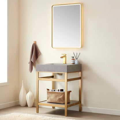 Vinnova Funes 24" Single Sink Bath Vanity In Brushed Gold Metal Support With Grey Sintered Stone Top And Mirror