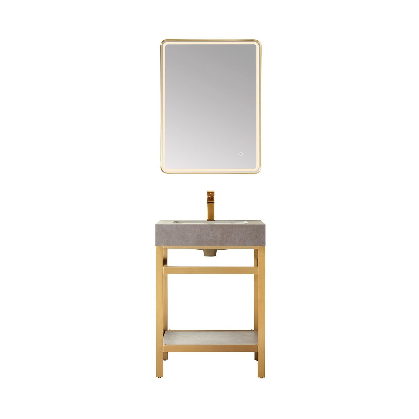 Vinnova Funes 24" Single Sink Bath Vanity In Brushed Gold Metal Support With Grey Sintered Stone Top And Mirror