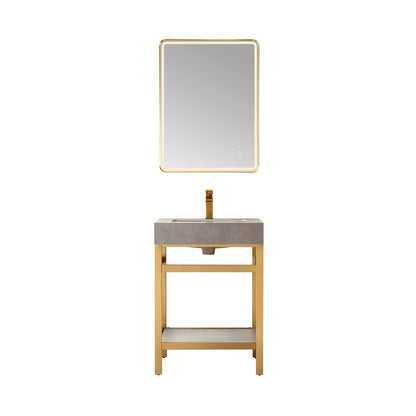 Vinnova Funes 24" Single Sink Bath Vanity In Brushed Gold Metal Support With Grey Sintered Stone Top And Mirror