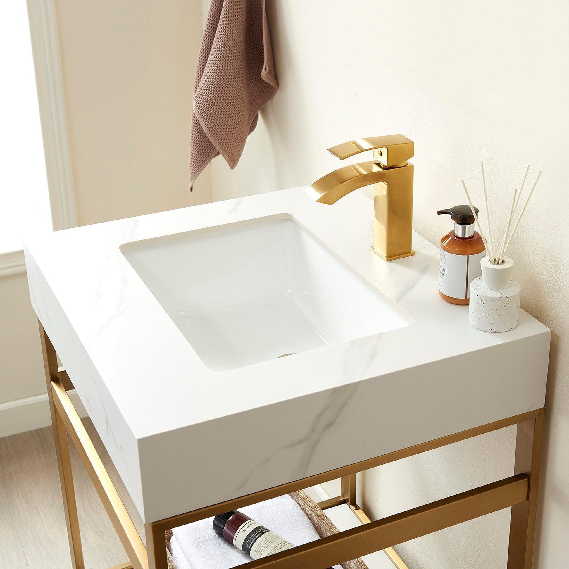 Vinnova Funes 24" Single Sink Bath Vanity In Brushed Gold Metal Support With White Sintered Stone Top