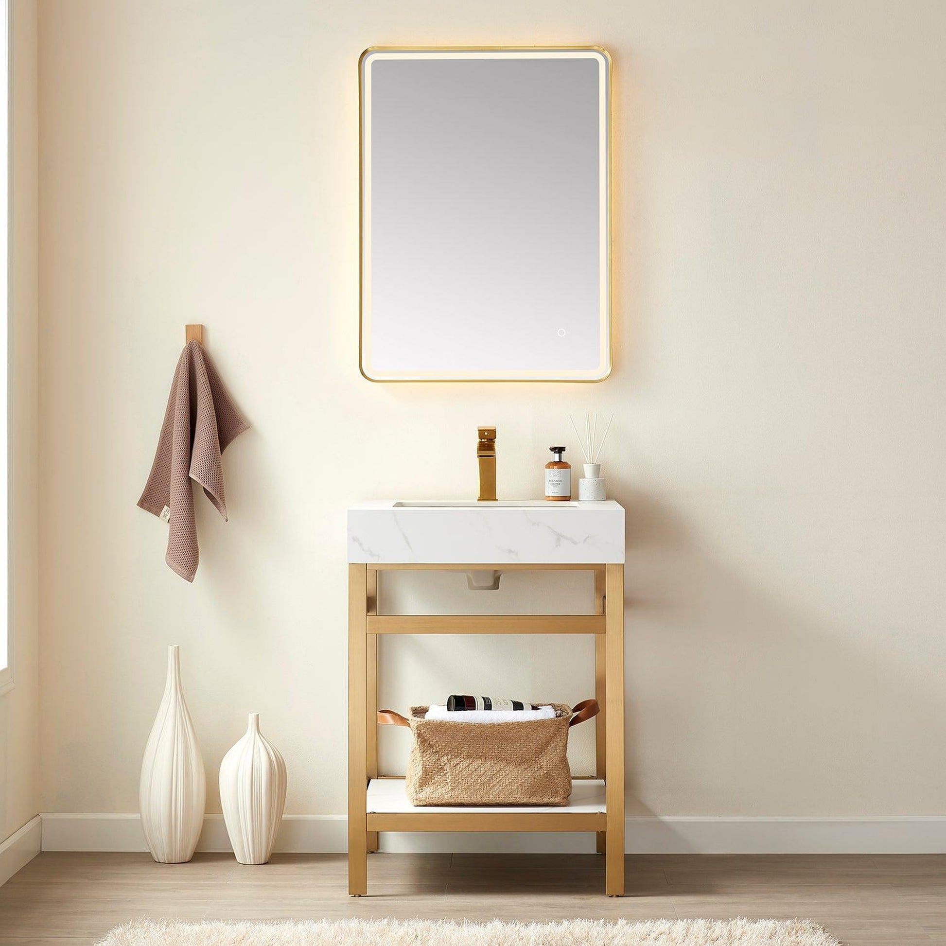 Vinnova Funes 24" Single Sink Bath Vanity In Brushed Gold Metal Support With White Sintered Stone Top And Mirror