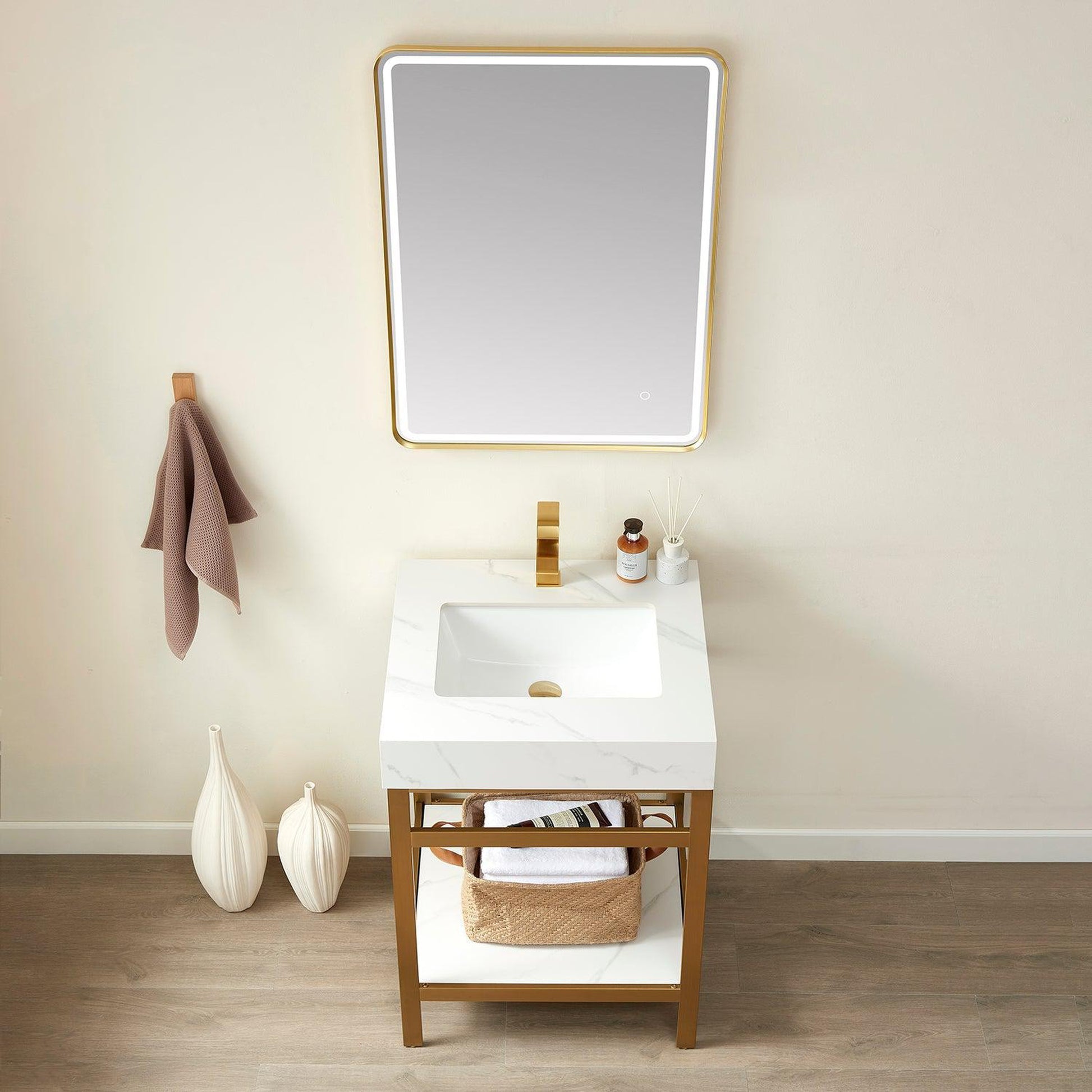 Vinnova Funes 24" Single Sink Bath Vanity In Brushed Gold Metal Support With White Sintered Stone Top And Mirror