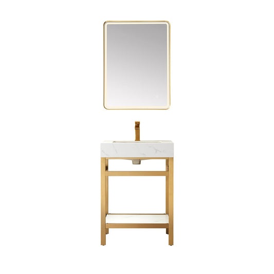 Vinnova Funes 24" Single Sink Bath Vanity In Brushed Gold Metal Support With White Sintered Stone Top And Mirror