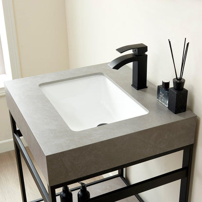 Vinnova Funes 24" Single Sink Bath Vanity In Matt Black Metal Support With Grey Sintered Stone Top