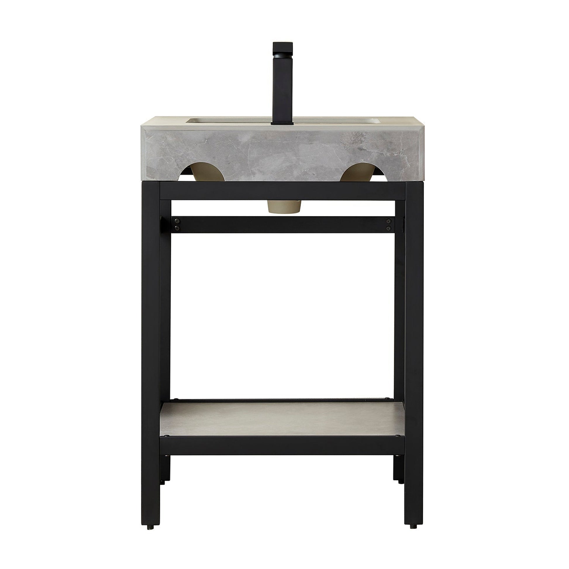 Vinnova Funes 24" Single Sink Bath Vanity In Matt Black Metal Support With Grey Sintered Stone Top And Mirror