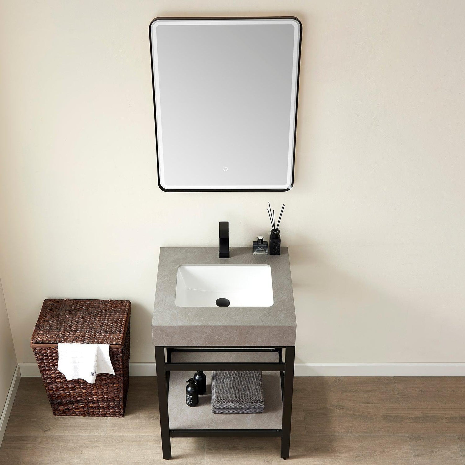 Vinnova Funes 24" Single Sink Bath Vanity In Matt Black Metal Support With Grey Sintered Stone Top And Mirror