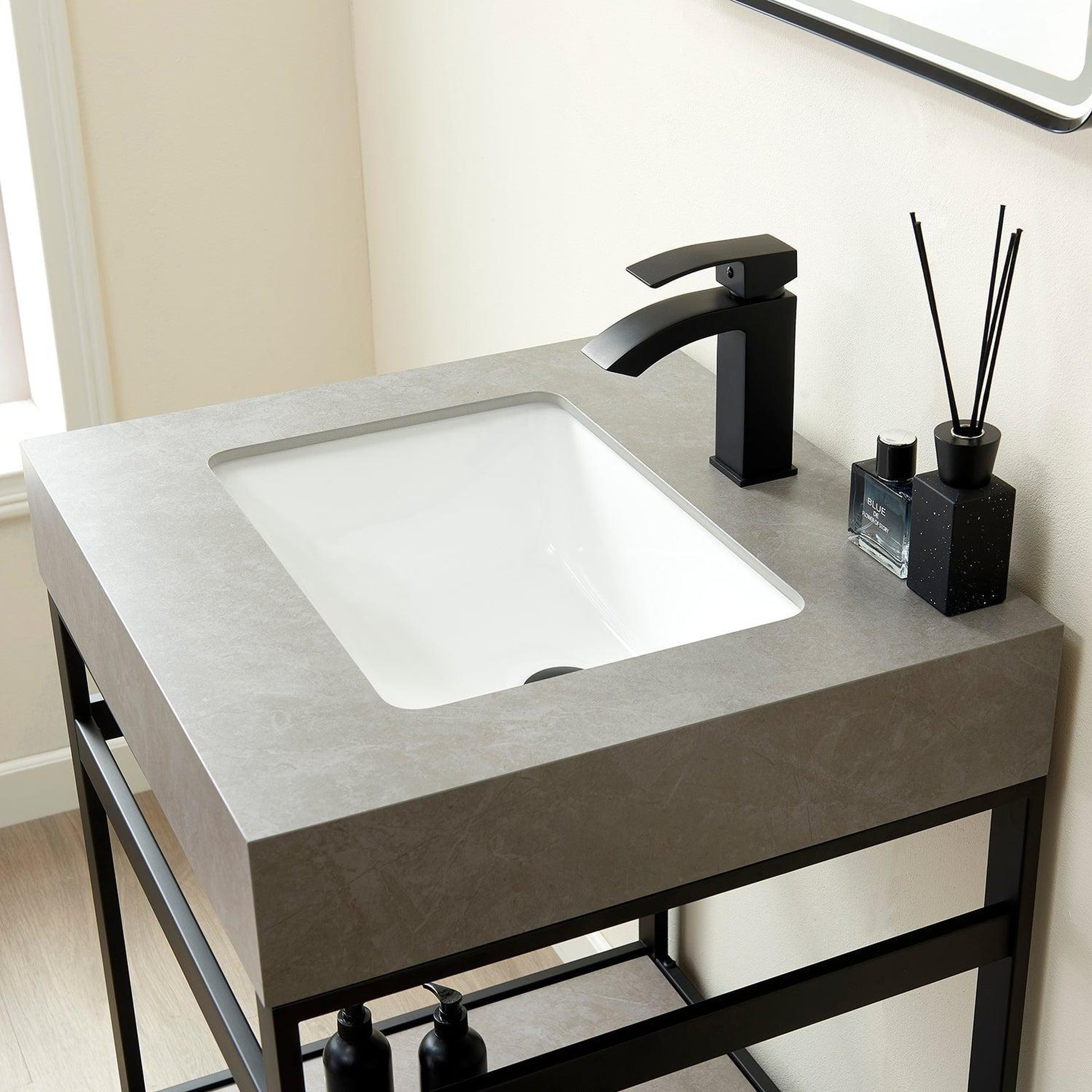 Vinnova Funes 24" Single Sink Bath Vanity In Matt Black Metal Support With Grey Sintered Stone Top And Mirror