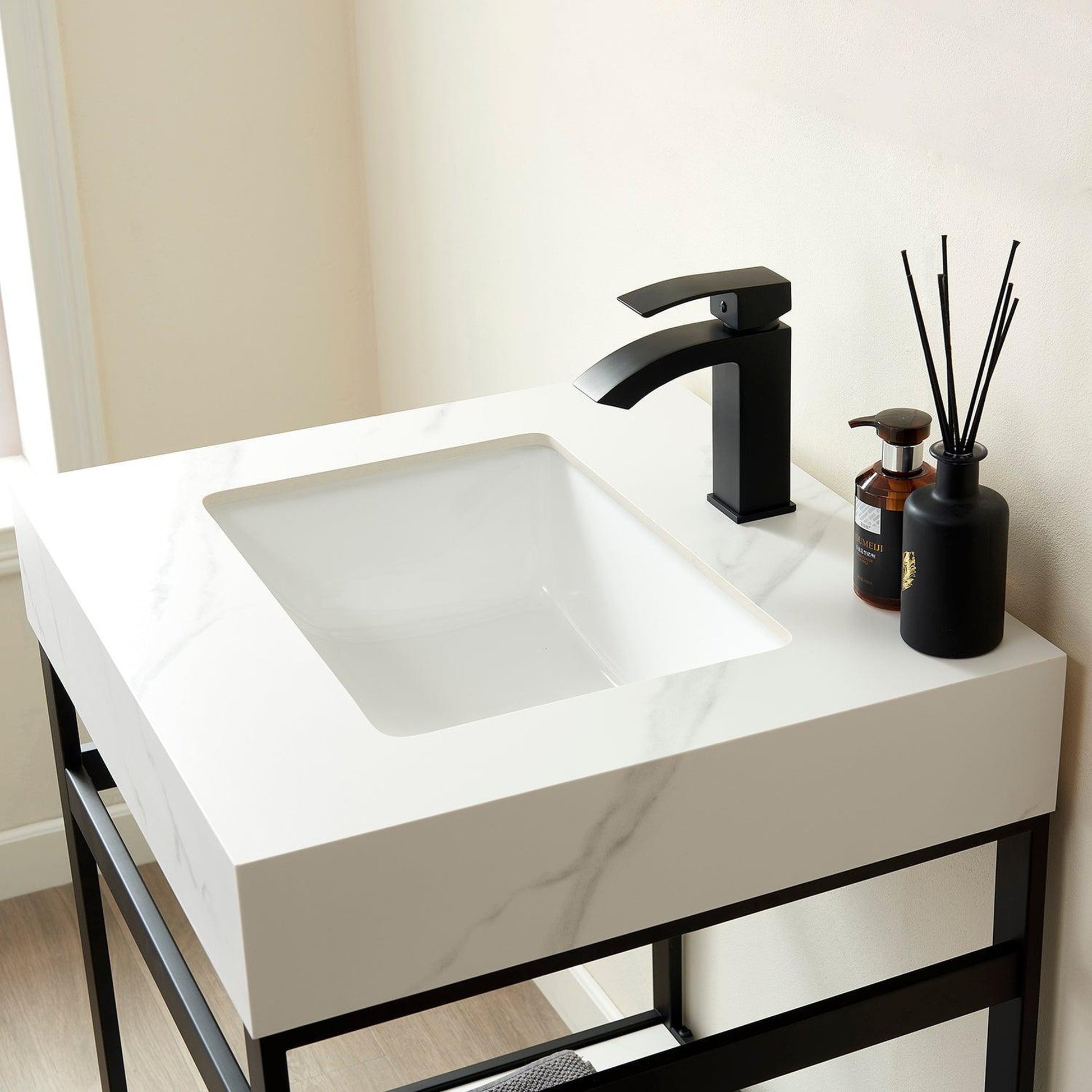 Vinnova Funes 24" Single Sink Bath Vanity In Matt Black Metal Support With White Sintered Stone Top