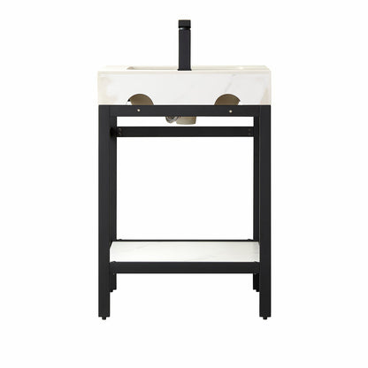 Vinnova Funes 24" Single Sink Bath Vanity In Matt Black Metal Support With White Sintered Stone Top And Mirror