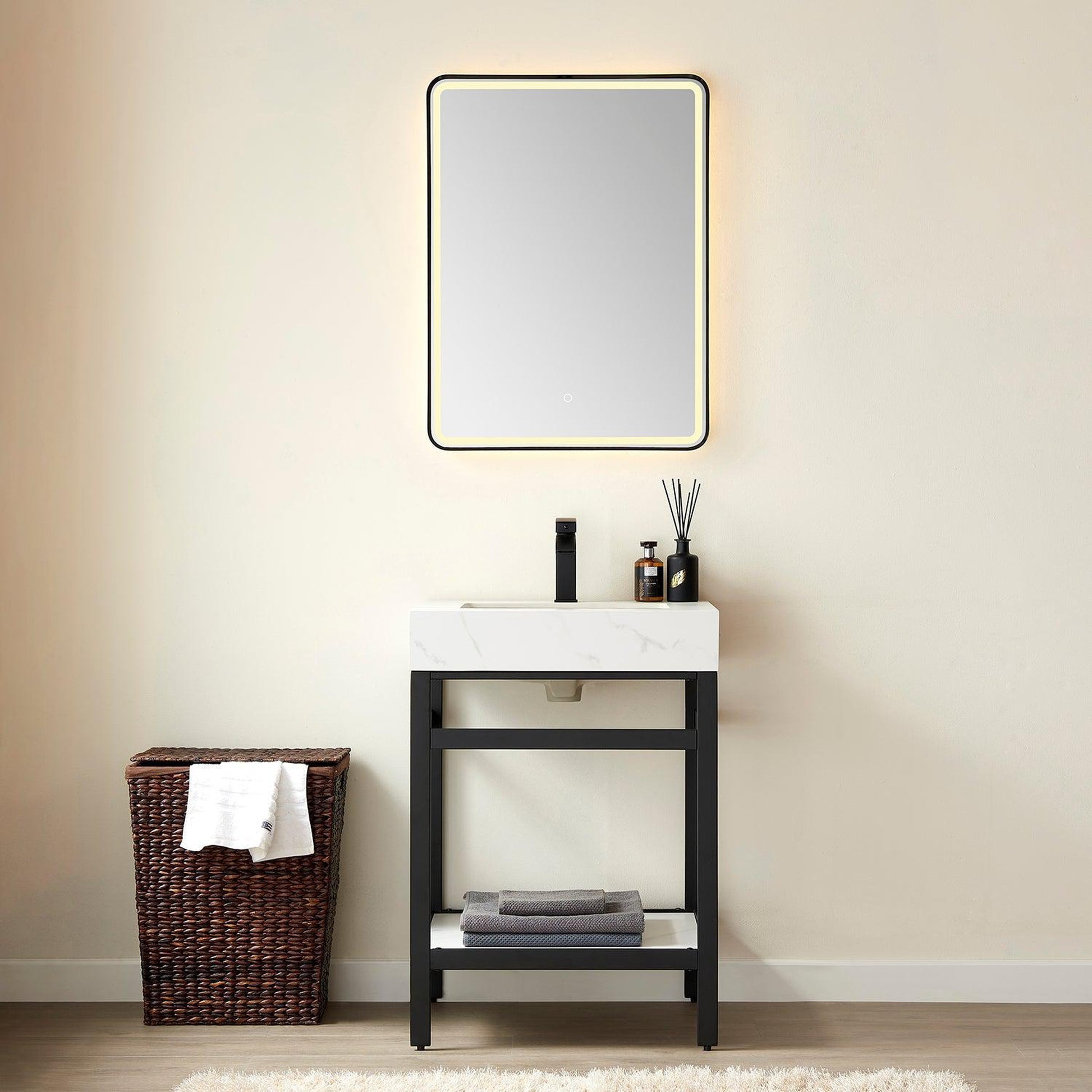 Vinnova Funes 24" Single Sink Bath Vanity In Matt Black Metal Support With White Sintered Stone Top And Mirror