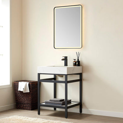 Vinnova Funes 24" Single Sink Bath Vanity In Matt Black Metal Support With White Sintered Stone Top And Mirror