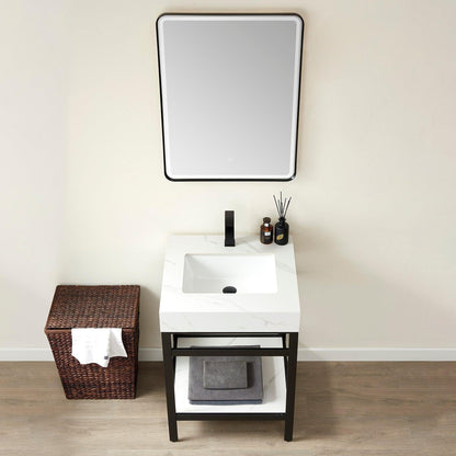 Vinnova Funes 24" Single Sink Bath Vanity In Matt Black Metal Support With White Sintered Stone Top And Mirror