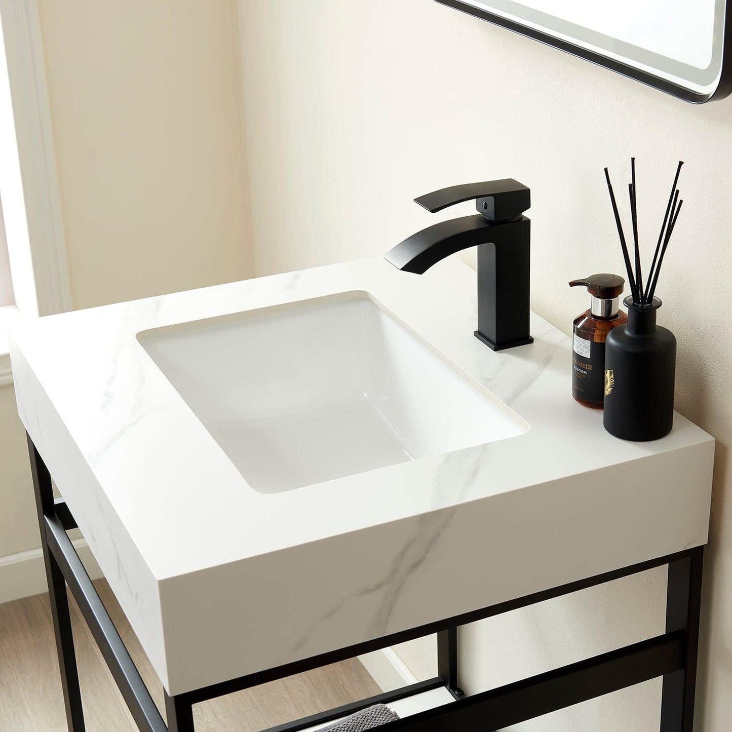 Vinnova Funes 24" Single Sink Bath Vanity In Matt Black Metal Support With White Sintered Stone Top And Mirror