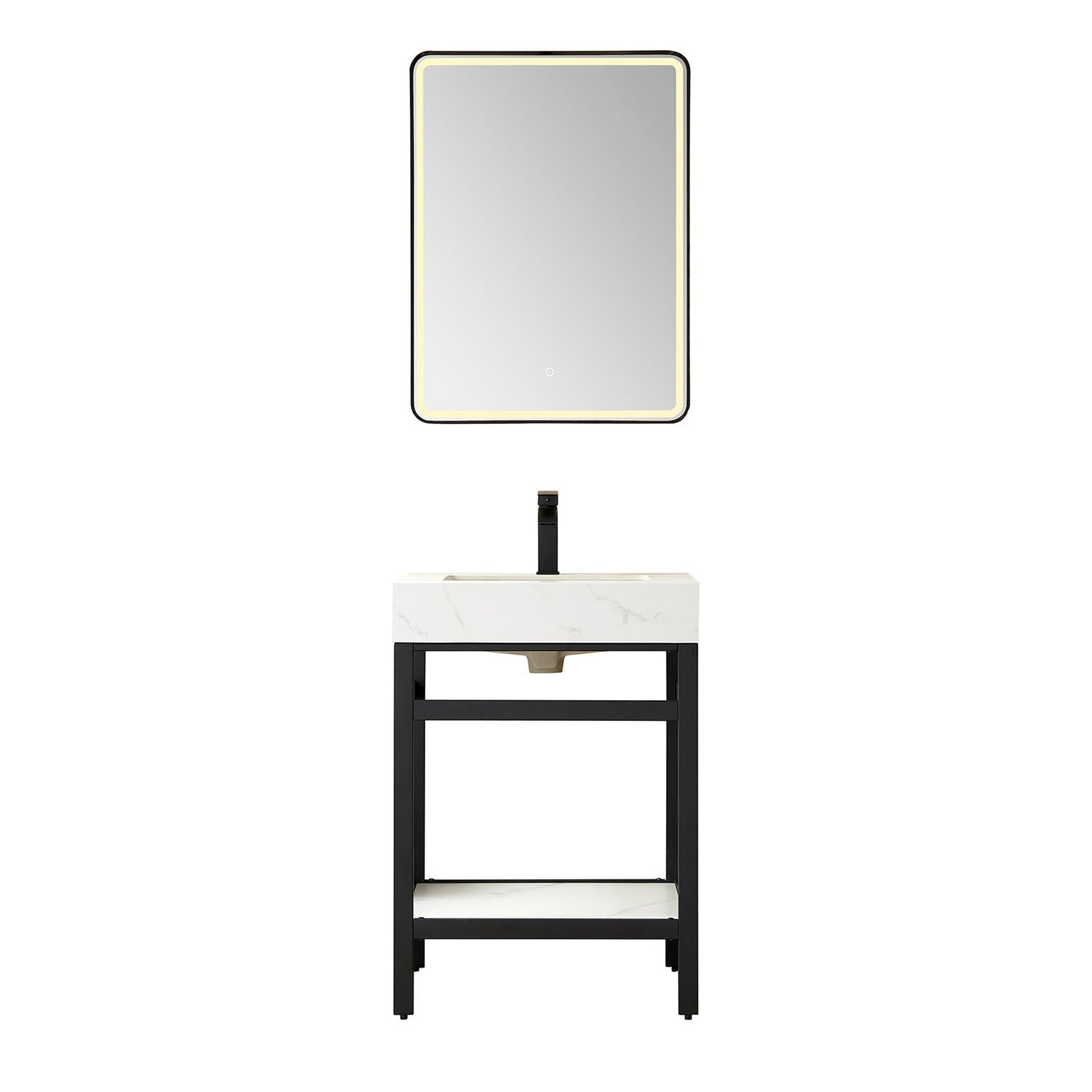 Vinnova Funes 24" Single Sink Bath Vanity In Matt Black Metal Support With White Sintered Stone Top And Mirror