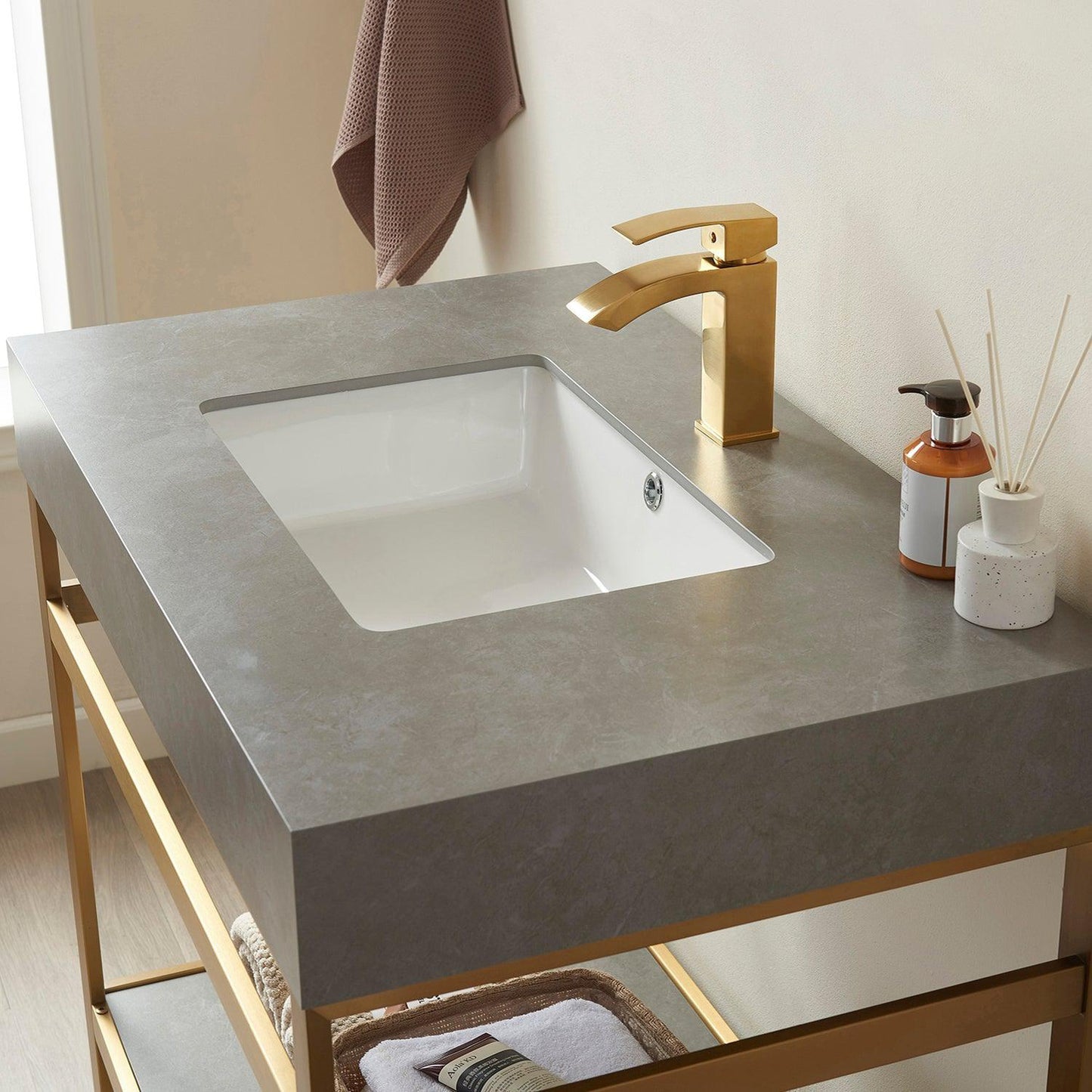 Vinnova Funes 36" Single Sink Bath Vanity In Brushed Gold Metal Support With Grey Sintered Stone Top